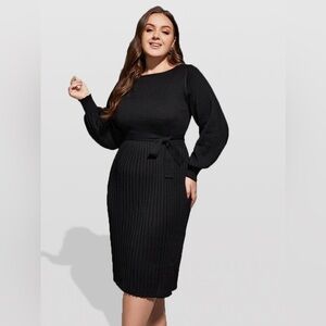 Curve Soul Black Knit Midi Dress Size 3XL Lantern Sleeves Pleated Skirt Belted